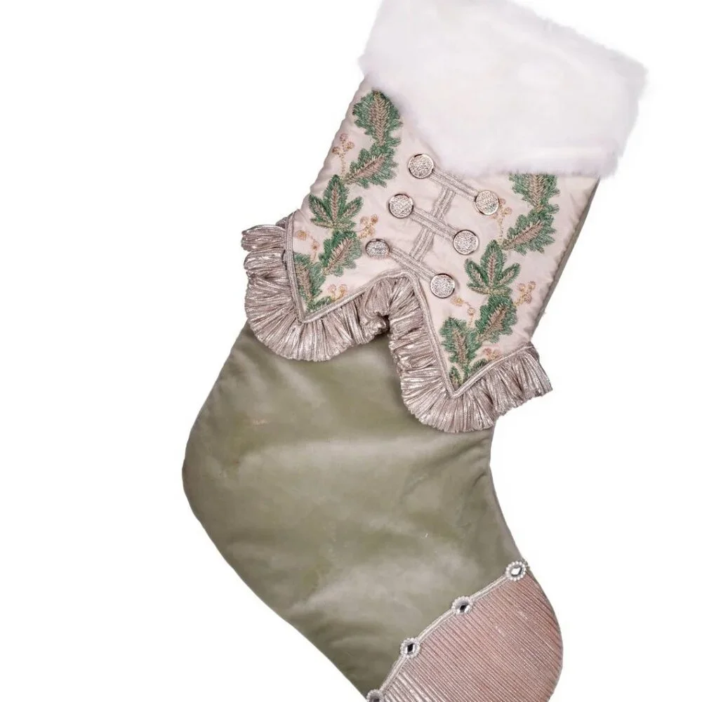 Elegant Vickerman Victorian-Style Christmas Stocking‎ Embroidered Gold & Green